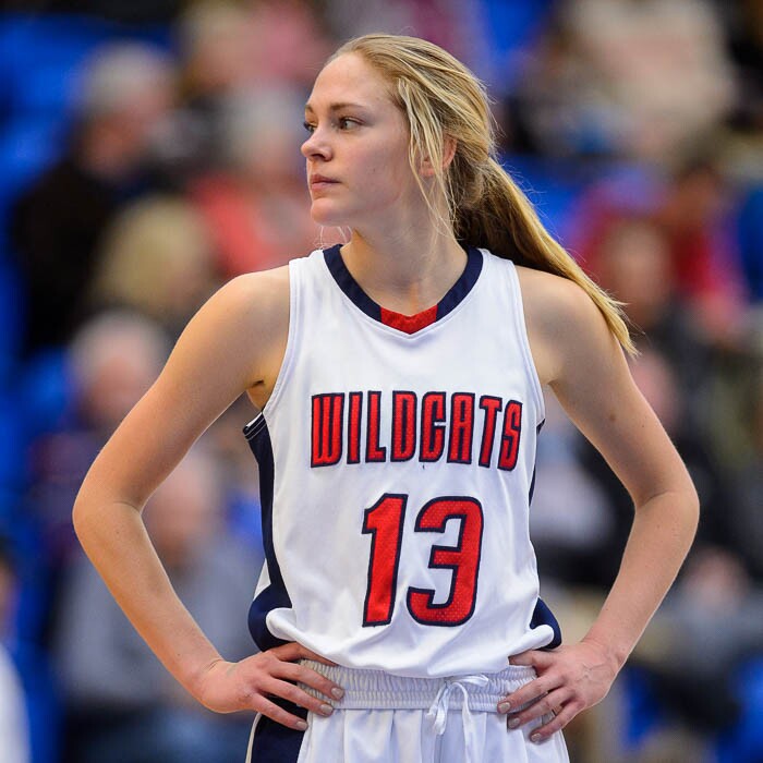 (Trent Nelson | The Salt Lake Tribune)  Woods Cross's Sara Noel (13) in the final minutes of the game as Woods Cross faces Highland in the 5A High School Girls' Basketball Tournament at SLCC in Taylorsville, Wednesday Feb. 21, 2018.