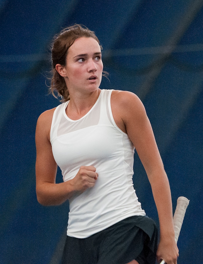 Michael Mangum  |  Special to the TribuneRowland Hall's Katie Foley pumps her fist after winning a game during the Utah high school state tennis finals at the Salt Lake Tennis & Health Club in Salt Lake City on Saturday, September 30, 2017. Foley defeated Waterford's Sophie Christensen for the 3A 1st singles state championship.