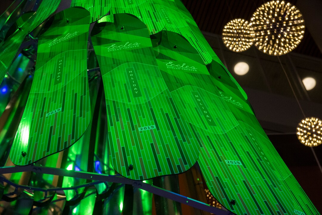 (Rick Egan  |  The Salt Lake Tribune) Eccles Theater unveils its annual Holiday Tree art installation, Monday, Dec. 2, 2019. The title is "Winter Wind," created by Rob Beishline & Shelley Beishline of Tooza Design. The work features 75 snowboards.