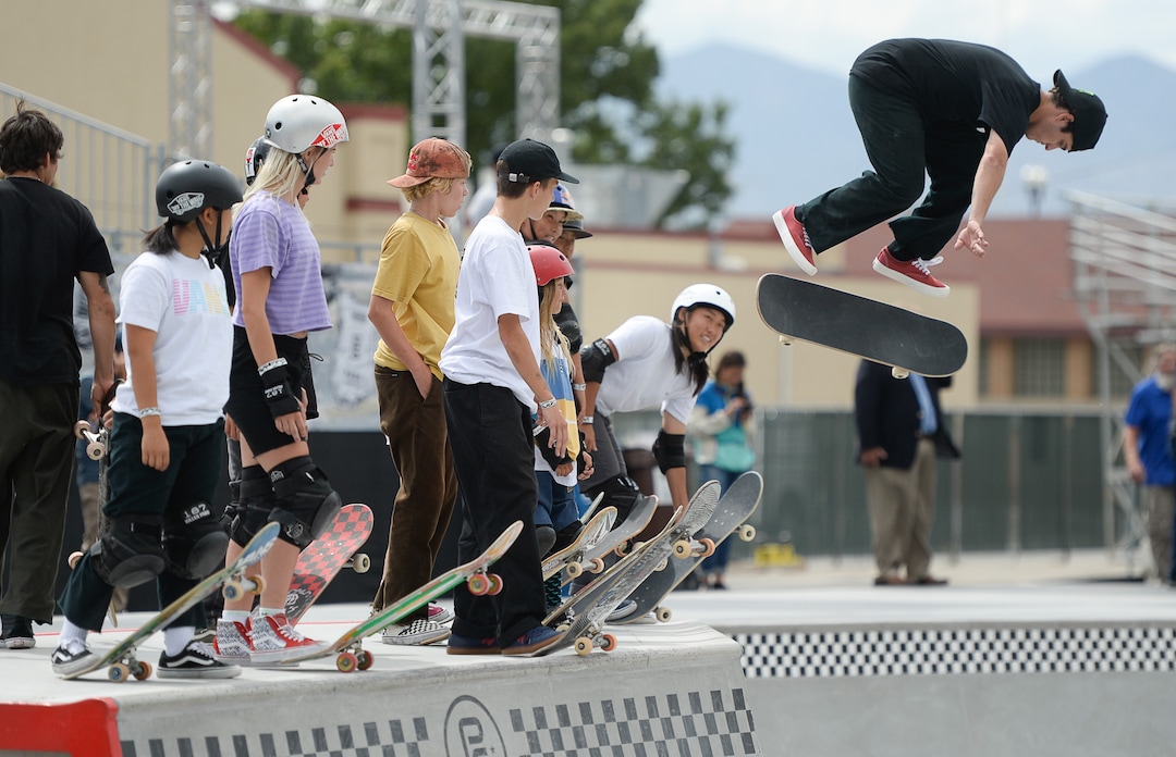 (Francisco Kjolseth  |  The Salt Lake Tribune)  Skate legend Tony Hawk and other pro skaters gather for a community skate as a first look of the new Vans - Utah Sports Commission Skatepark at the Utah State Fairpark on Tuesday, Sept. 3, 2019.