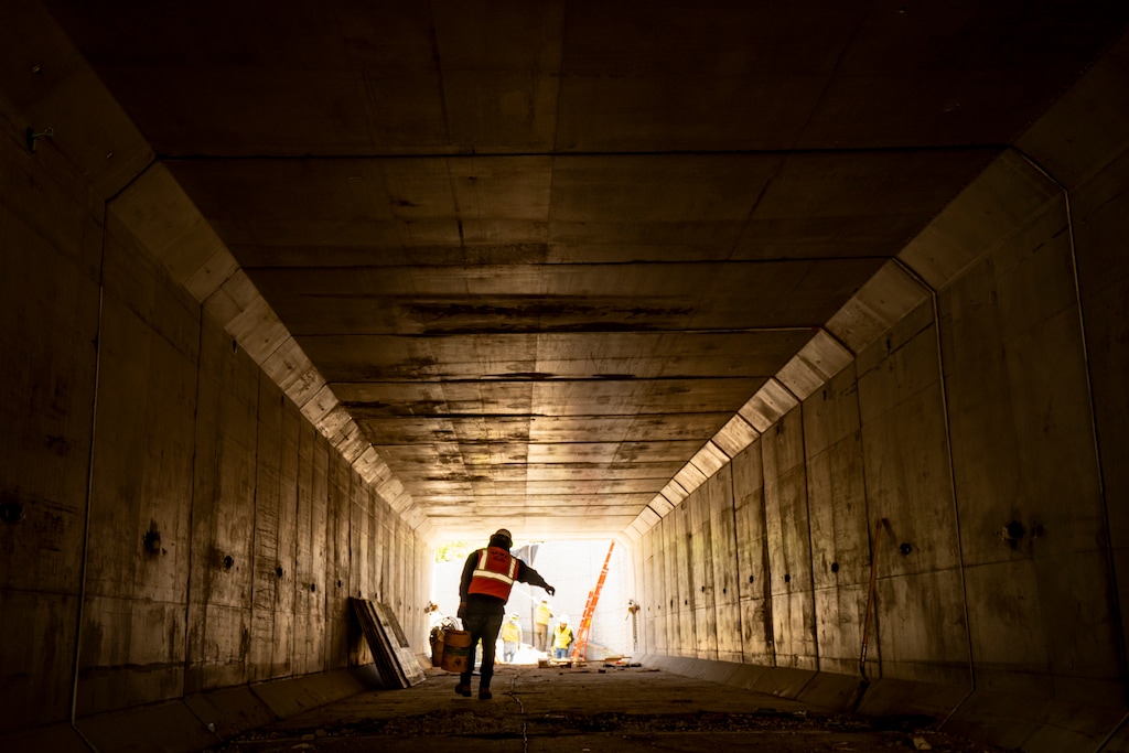 (Rick Egan | The Salt Lake Tribune) Workers are building a path under Logan's Main Street to connect the city's system and provide a safe crossing for pedestrians, Thursday, June 11, 2026.
