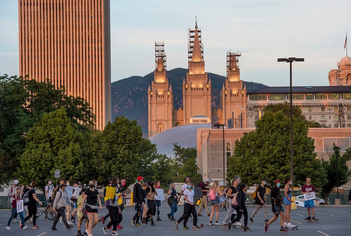(Rick Egan  |  The Salt Lake Tribune)     Protesters peacefully march through the streets of Salt Lake City, Monday, June 1, 2020.