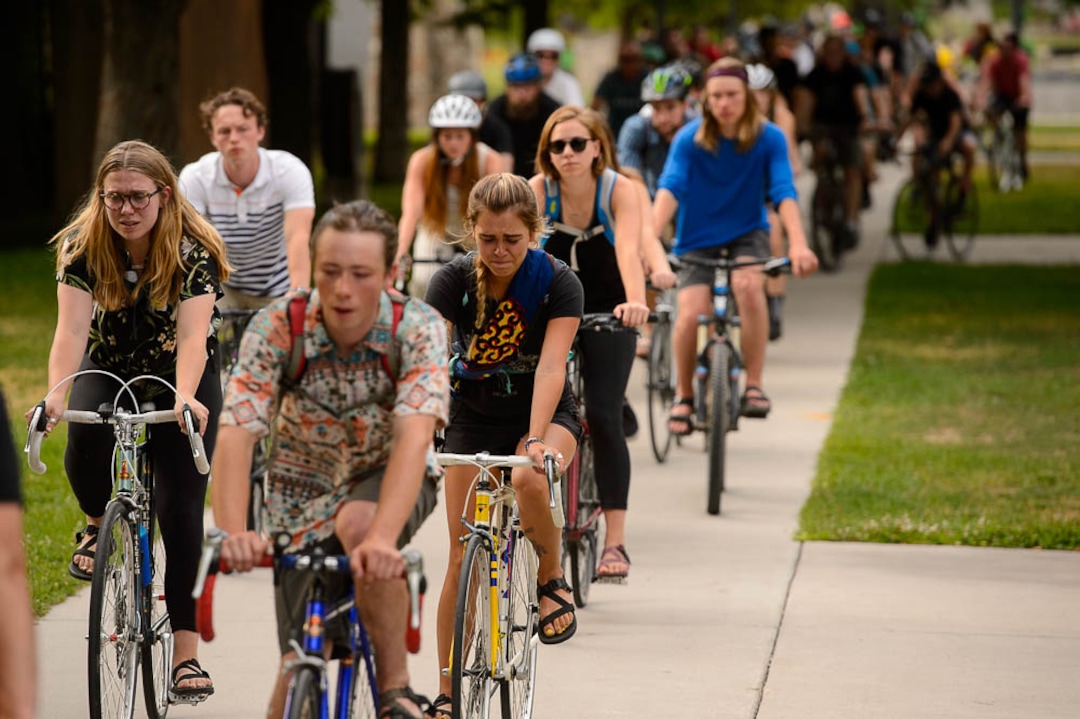 (Trent Nelson | The Salt Lake Tribune)Cyclists gather and ride around Salt Lake City's Liberty Park, Saturday July 21, 2018, in remembrance of Cameron Hooyer, a rider who was killed by a FrontRunner train during a 999 Ride on Thursday.