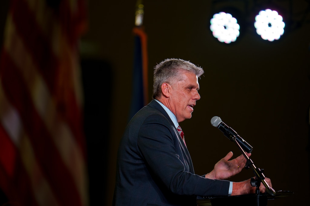 (Trent Nelson  |  The Salt Lake Tribune) Gubernatorial hopeful Phil Lyman at the Utah Republican Nominating Convention in Salt Lake City on Saturday, April 27, 2024.