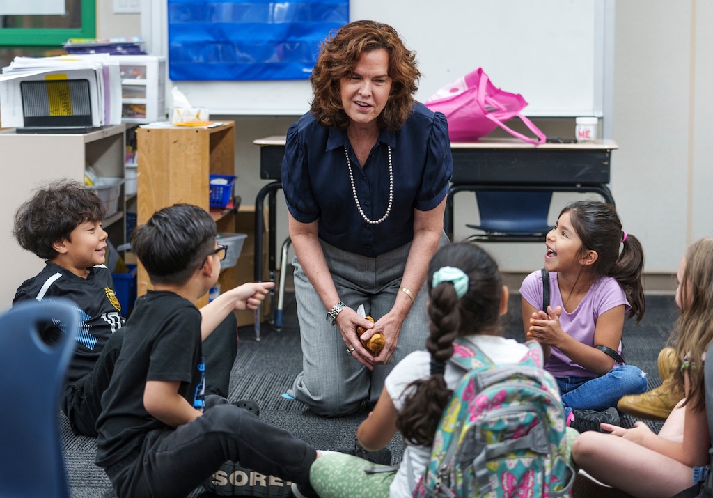 (Leah Hogsten | The Salt Lake Tribune)  Elizabeth Grant, Salt Lake City School District's new superintendent, and first and second graders react to Grant getting caught holding the "hot potato" during a social skills game with students in North Star Elementary School's summer learning program, Thursday, July 6, 2023.