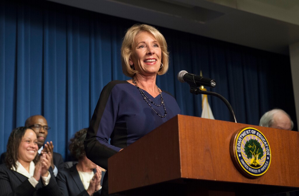 Education Secretary Betsy DeVos addresses Education Department staff, Wednesday, Feb. 8, 2017, at the Education Department in Washington. (AP Photo/Molly Riley)
