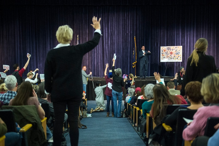 Chris Detrick  |  The Salt Lake Tribune
U.S. Rep. Jason Chaffetz, R-Utah, speaks during the town-hall meeting in Brighton High School Thursday February 9, 2017. 