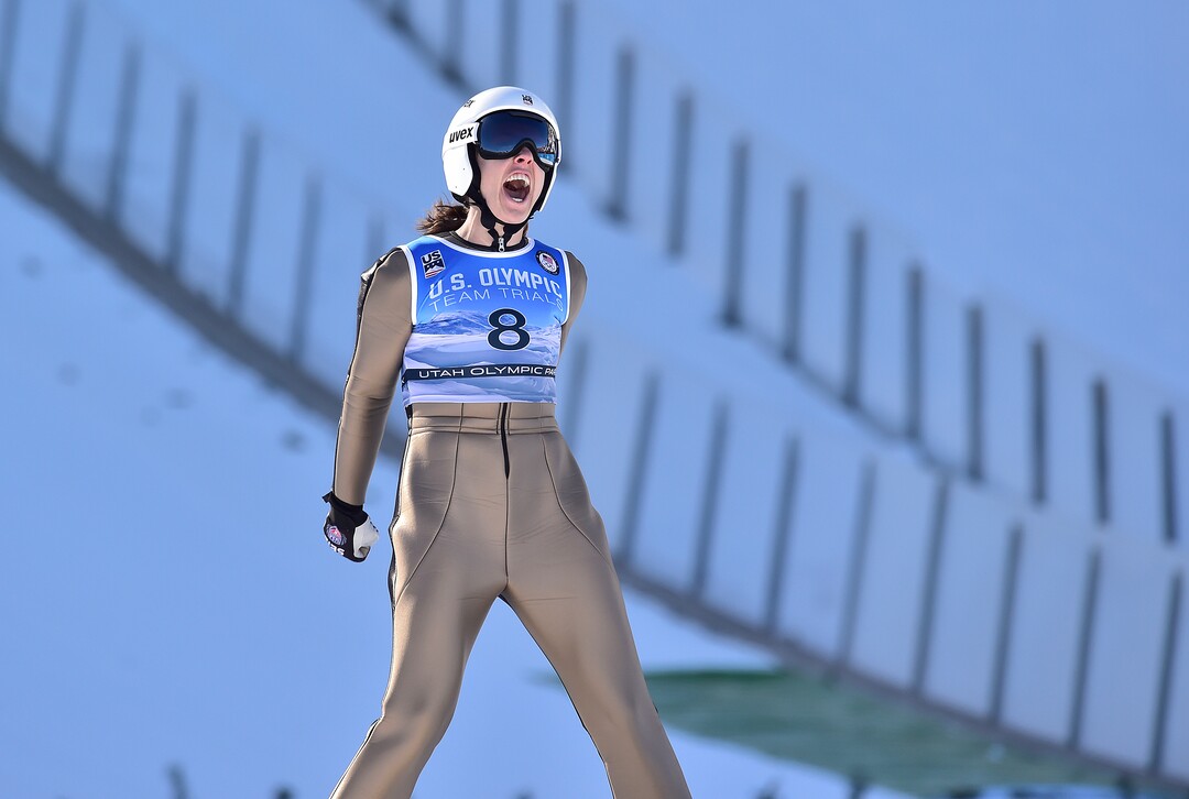 (Scott Sommerdorf   |  The Salt Lake Tribune)   Abby Ringquist reacts to her first jump at the ski jumping Olympic trials at Park City, Sunday, December 31, 2017.