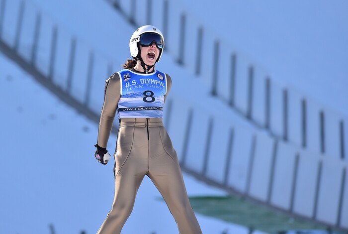 (Scott Sommerdorf   |  The Salt Lake Tribune)   
Abby Ringquist reacts to her first jump at the ski jumping Olympic trials at Park City, Sunday, December 31, 2017.