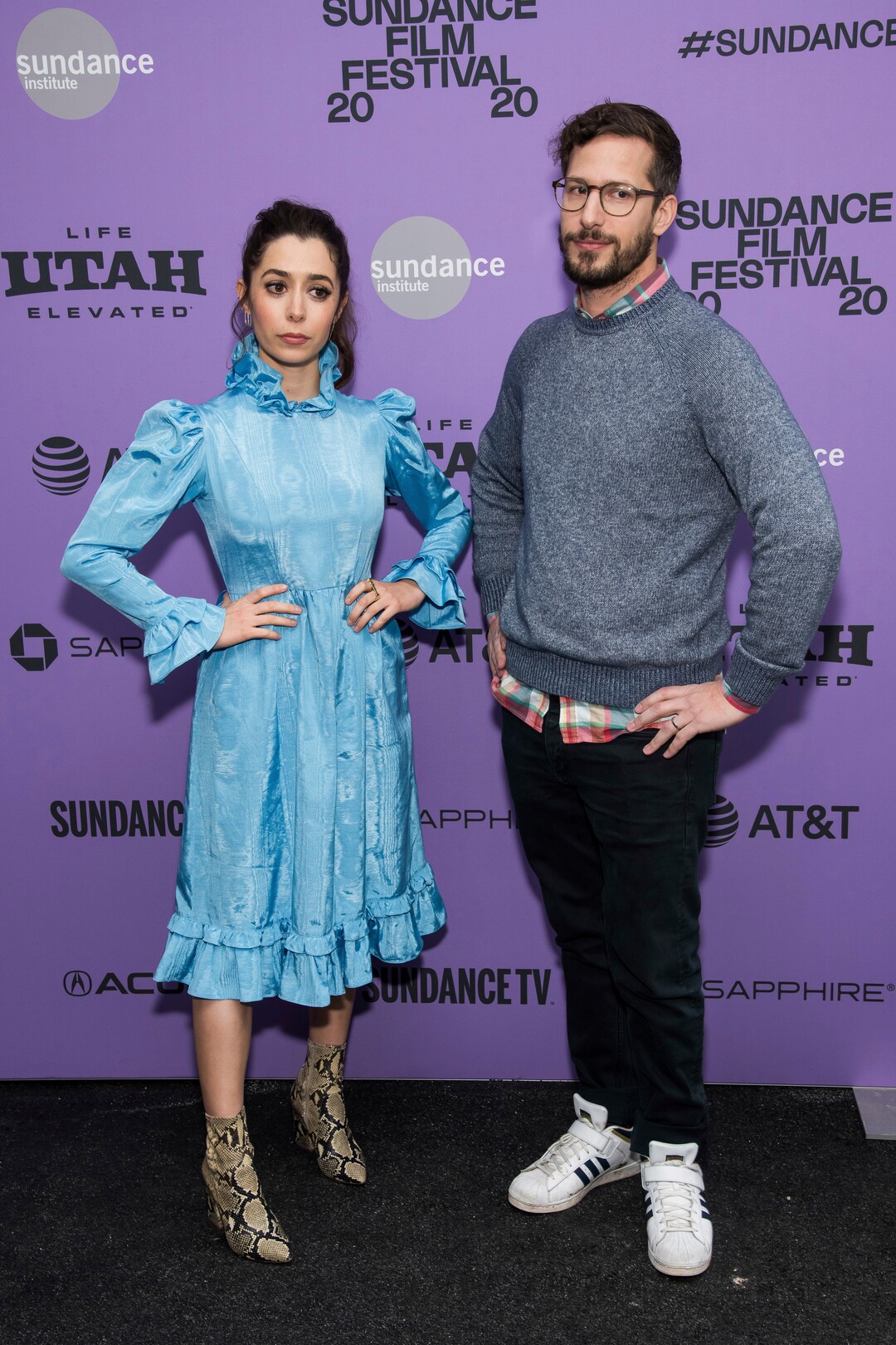 Cristin Milioti and Andy Samberg attend the premiere of "Palm Springs" at the Library Center Theatre during the 2020 Sundance Film Festival on Sunday, Jan. 26, 2020, in Park City, Utah. (Photo by Charles Sykes/Invision/AP)