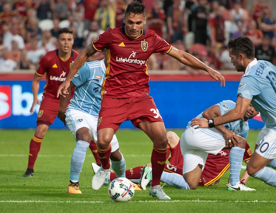 Michael Mangum  |  Special to the TribuneReal Salt Lake defender Marcelo Silva (30) tries to get a shot with heavy pressure from the Sporting Kansas City defense during their match at Rio Tinto Stadium in Sandy, UT on Saturday, July 22, 2017.