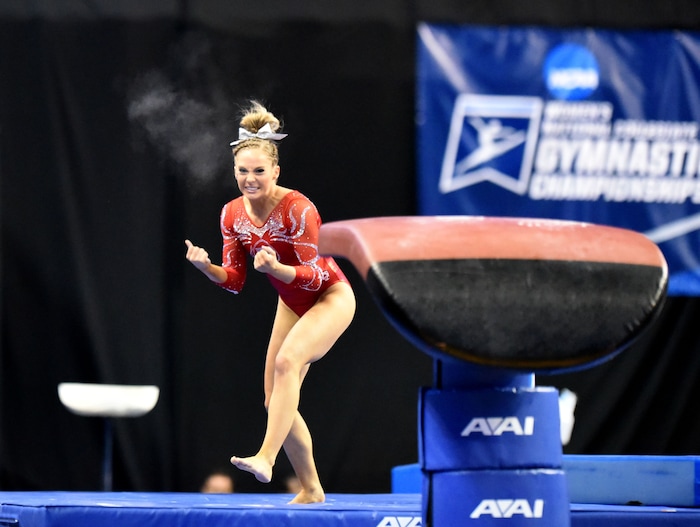 Courtesy | Deena Lofgren
Utah's MyKayla Skinner reacts during competition at the NCAA women's gymnastics championships Friday, April 14, 2017, in St. Louis.