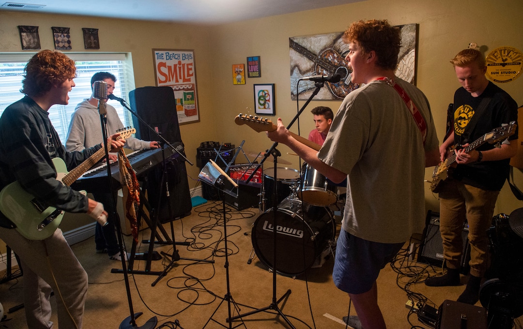 (Rick Egan  |  The Salt Lake Tribune) Woods Cross students, Sam Phillips, Adam Leger, Zach Leger, Carter Olsen and Isaac Phillips are members of The Rockees, a rock band that won this year's Utah PTA "Battle of the Bands" competition. Thursday, May 23, 2019.