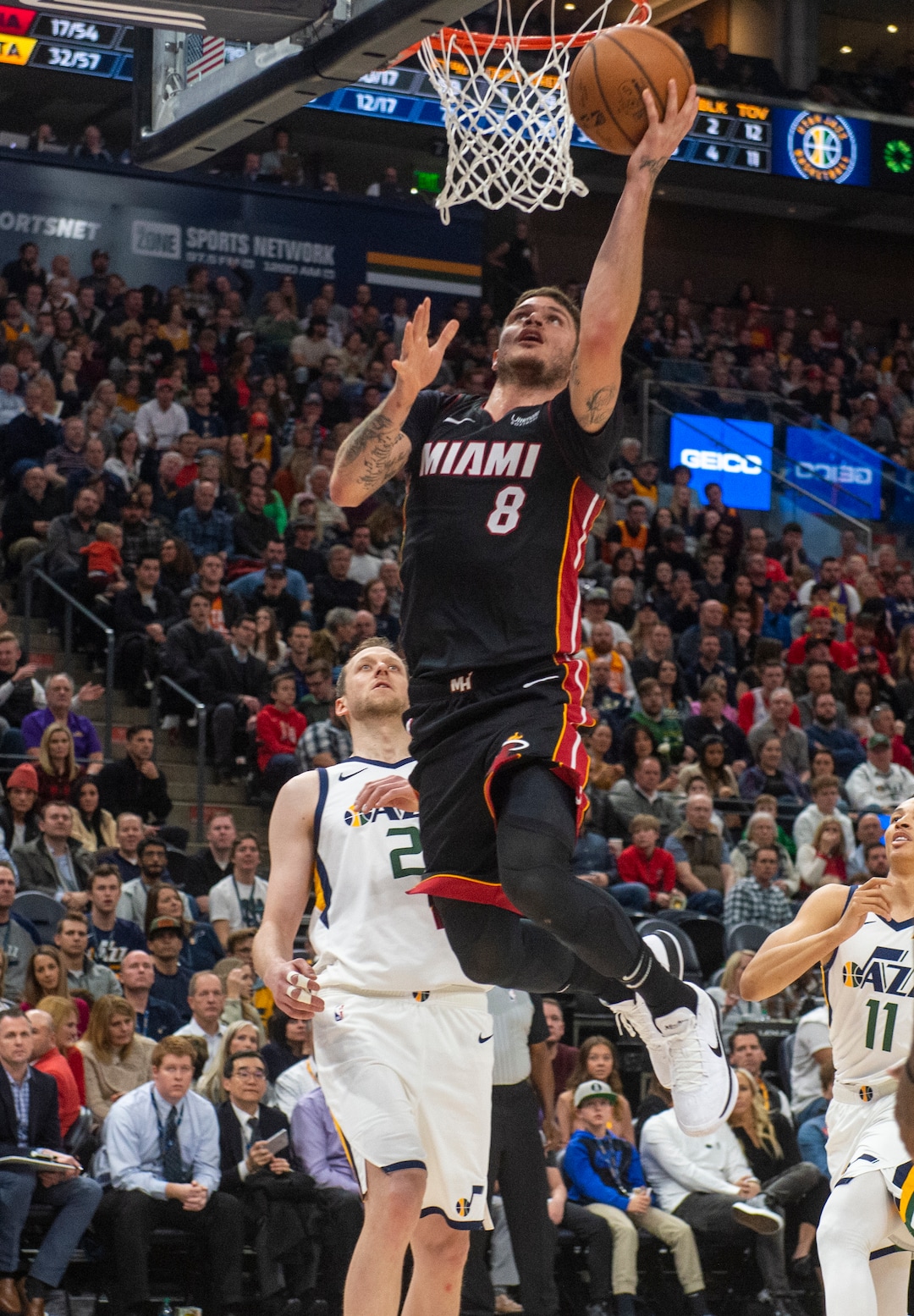 (Rick Egan  |  The Salt Lake Tribune)     Miami Heat guard Tyler Johnson (8) score an easy lay-up, in NBA action between Utah Jazz and Miami Heat, at Vivint Smart Home Arena Wednesday, Dec. 12, 2018.