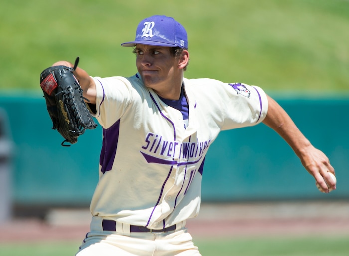 (Rick Egan  |  The Salt Lake Tribune)   Riverton pitcher Kody Nelson throws for the Silverwolves, in 6A state baseball championship action between Riverton and Bingham, at UVU in Orem, Friday, May 25, 2018.