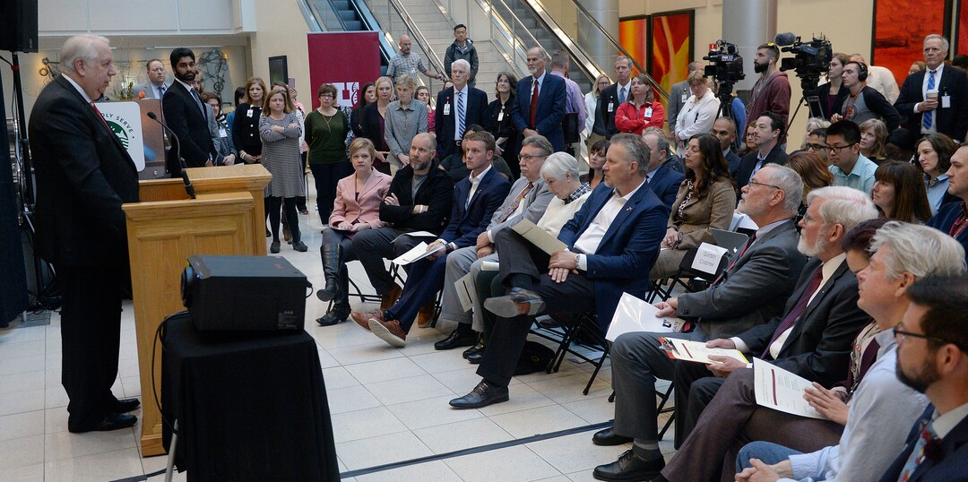 (Al Hartmann  |  The Salt Lake Tribune) 	Gordon Crabtree, CEO, University of Utah Hospitals and Clinics, left, speaks at announcement Nov. 13 that the University of Utah will receive a $5.3 million gift from Larry H. and Gail Miller Family Foundation to fight diabetes, called "Driving Out Diabetes:  A Larry H. Miller Wellness Initiative."
