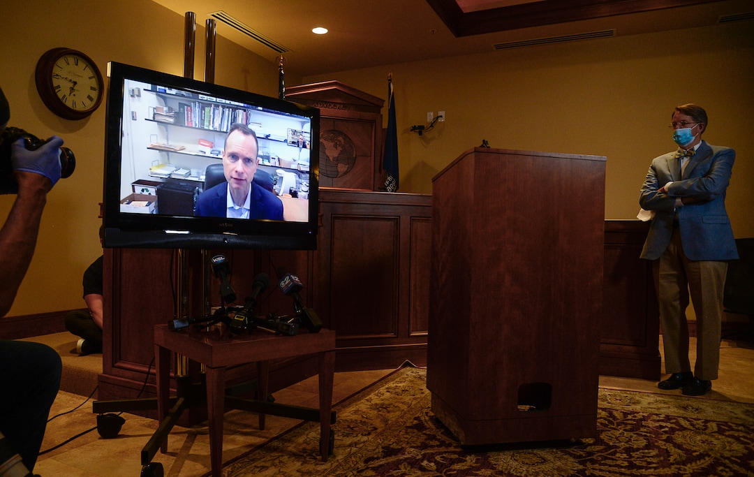 (Francisco Kjolseth  |  The Salt Lake Tribune) Matt and Jill McCluskey (via zoom) and their attorneys Jim McConkie and Brad Parker address the media on Monday, May 18, 2020, from their offices in Murray, regarding newly discovered evidence and recent developments in Lauren McCluskey's case.