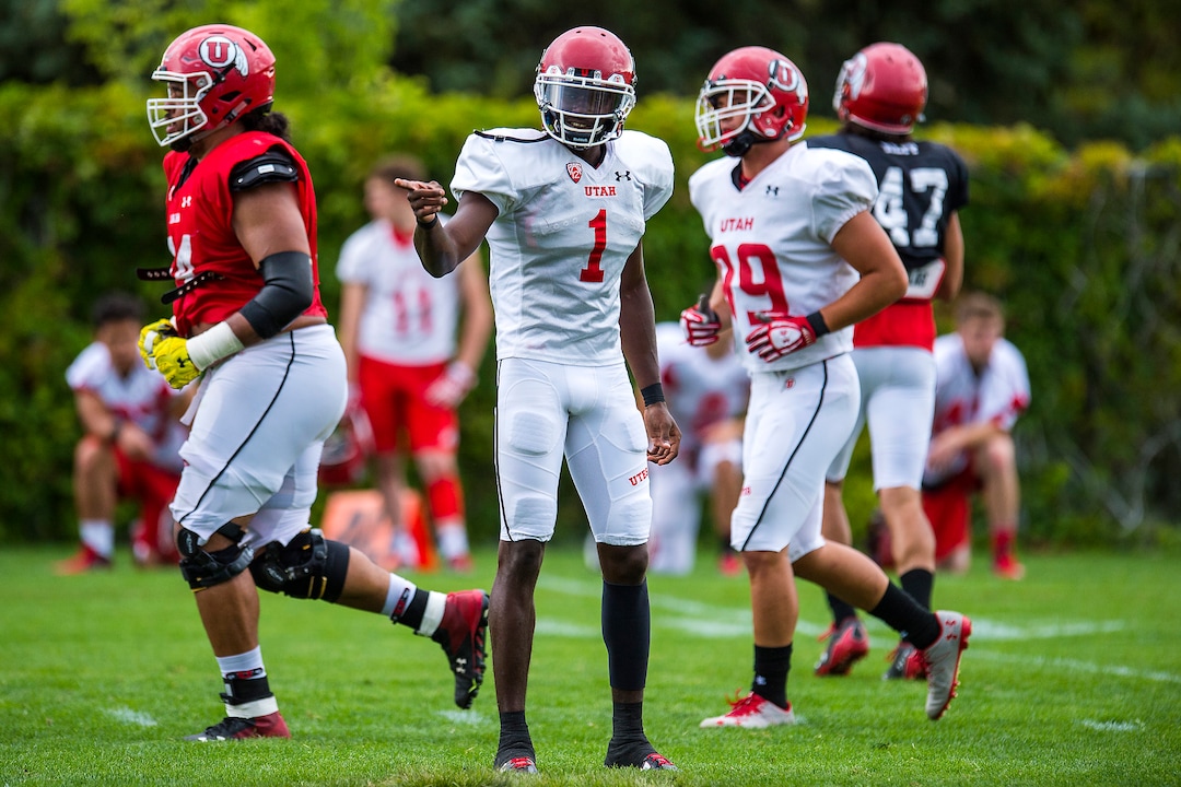 (Chris Detrick  |  The Salt Lake Tribune) Utah Utes quarterback Tyler Huntley (1) during practice Tuesday, August 22, 2017. 