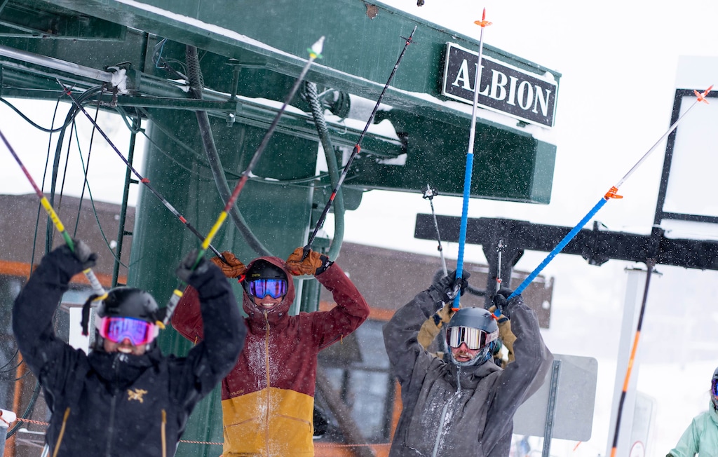 (Francisco Kjolseth | The Salt Lake Tribune) Skiers celebrate snowfall and their last chance to ride the Albion lift at Alta Ski Area on Tuesday, April 12, 2022. Alta reported 9 fresh inches of snow on Jan. 25, 2023, to break its all-time record for the most snow between October and January with 445 inches.