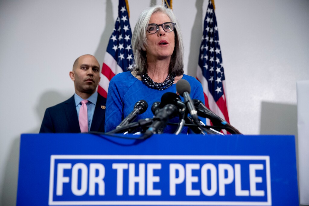 (Andrew Harnik | AP file photo) Democratic Caucus Vice Chair Katherine Clark, D-Mass., accompanied by Democratic Caucus Chairman Rep. Hakeem Jeffries of N.Y., left, speaks at a news conference following a House Democratic Caucus meeting on Capitol Hill in Washington, Wednesday, Jan. 23, 2019.