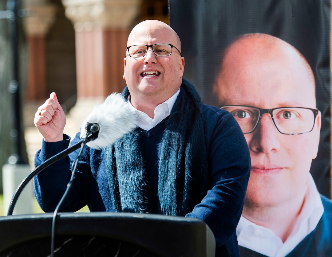 (Rick Egan  |  The Salt Lake Tribune)      Christian Harrison, launches his campaign  for Salt Lake City Mayor outside Salt Lake City Hall, Wednesday, March 20, 2019.