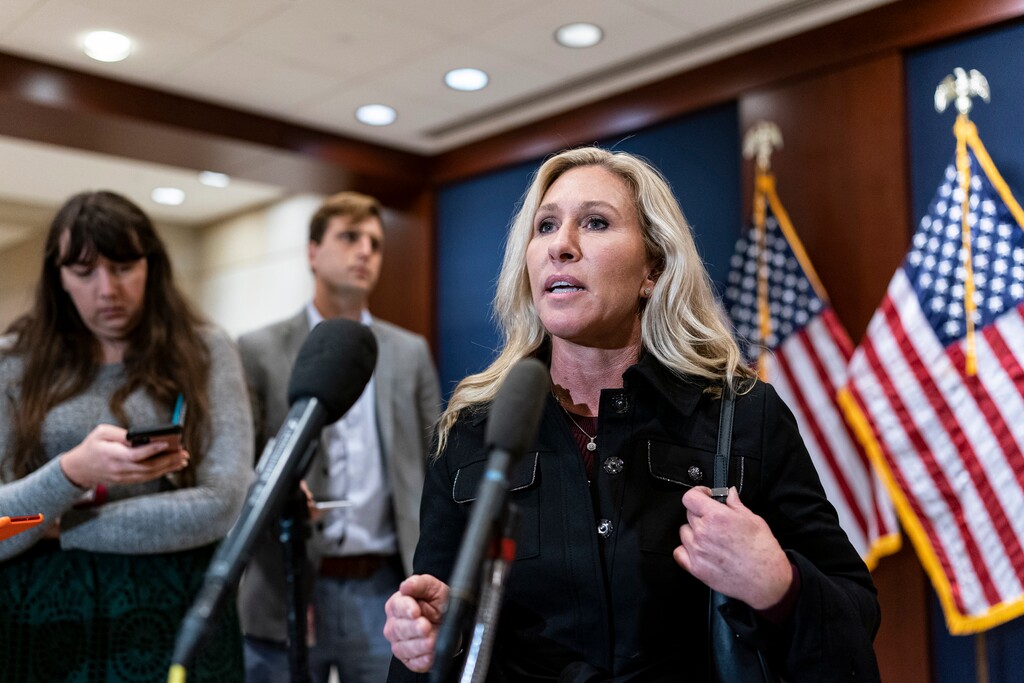 (Al Drago | The New York Times)

Rep. Marjorie Taylor Greene (R-Ga.) speaks to reporters following a meeting with House Republicans at the Capitol in Washington on Monday, Nov. 14, 2022.