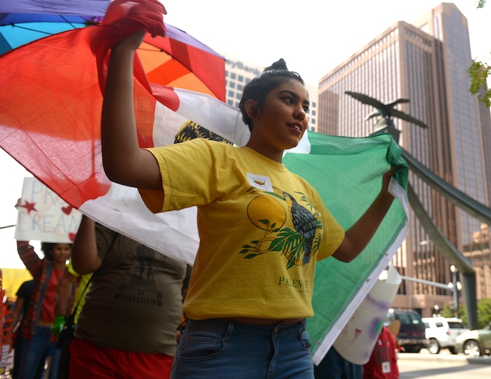 (Leah Hogsten  |  The Salt Lake Tribune) Hundreds of “We are Dreamers,” a Utah pro-Deferred Action for Childhood Arrival (DACA) group, marched in solidarity from the Utah Federal Building to the State Capitol with undocumented immigrants who will be affected by the end of DACA. 