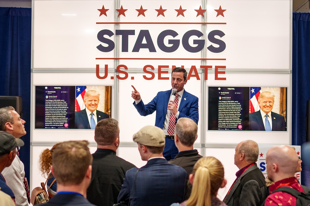 (Trent Nelson | The Salt Lake Tribune) Trent Staggs campaigns at the Utah Republican Nominating Convention in Salt Lake City on Saturday, April 27, 2024.
