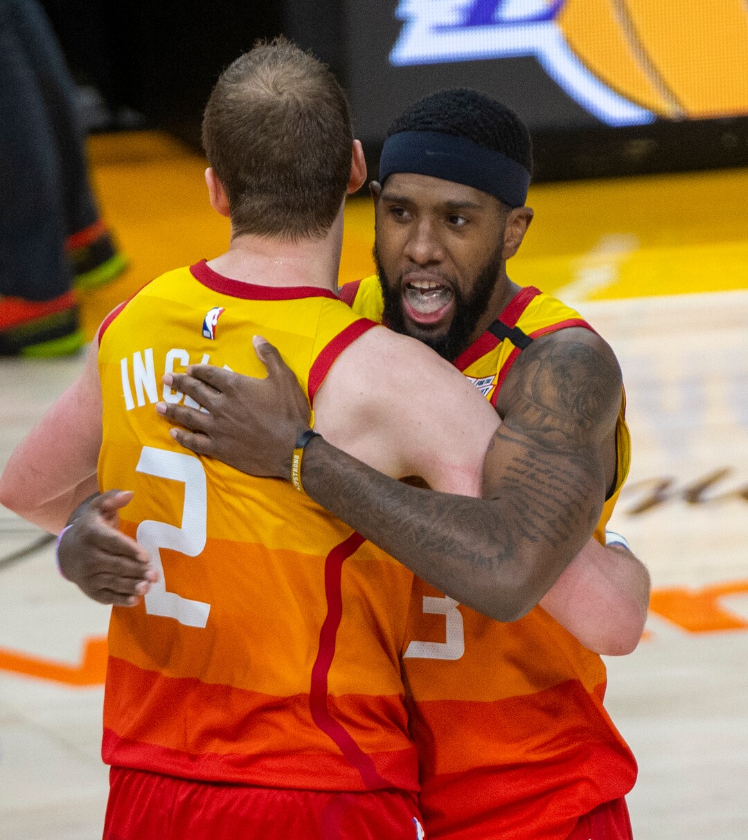(Rick Egan  |  The Salt Lake Tribune)     Utah Jazz guard Joe Ingles (2) and Utah Jazz forward Royce O'Neale (23) celebrate at the buzzer, in the Jazz 117-114 win over the Portland Trail Blazers, in NBA action in Salt Lake City, Friday, Feb. 7, 2020.