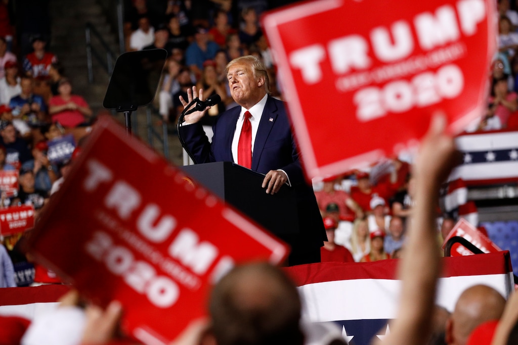 President Donald Trump speaks at a campaign rally, Thursday, Aug. 15, 2019, in Manchester, N.H. (AP Photo/Patrick Semansky)