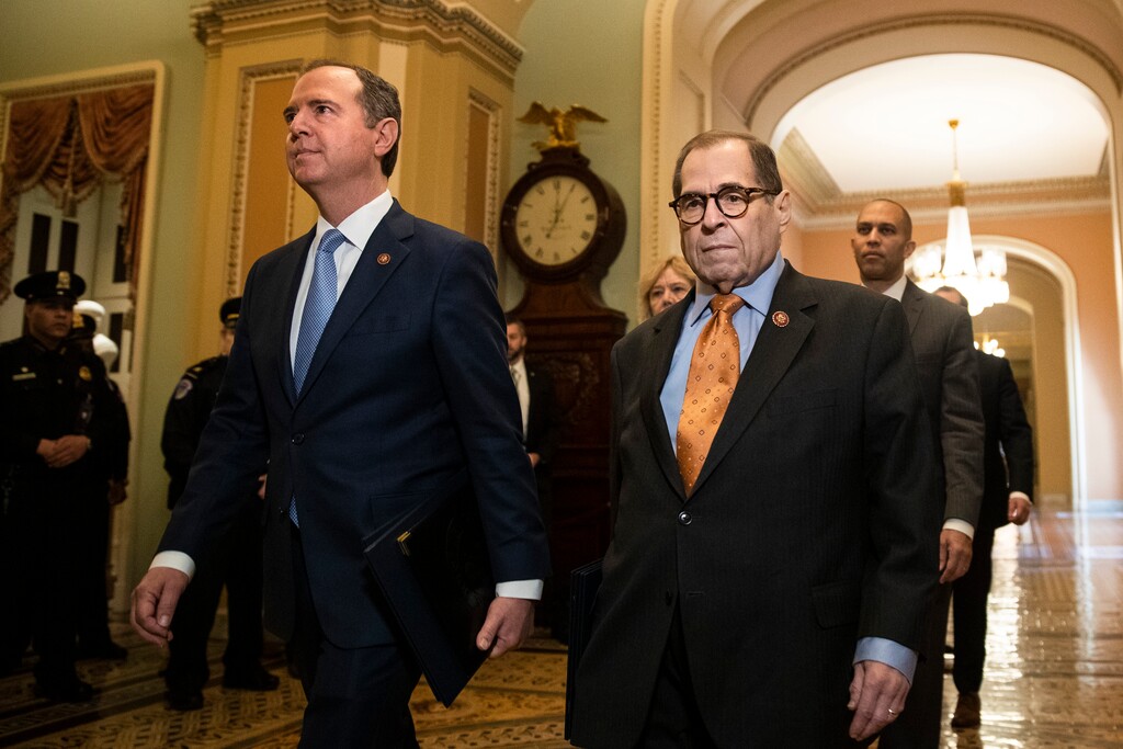(Matt Rourke | AP) House Intelligence Committee Chairman Adam Schiff, D-Calif., front left, and House Judiciary Committee Chairman, Rep. Jerrold Nadler, D-N.Y., and other House impeachment managers, walk to the Senate chamber on Capitol Hill in Washington, Thursday, Jan. 16, 2020.