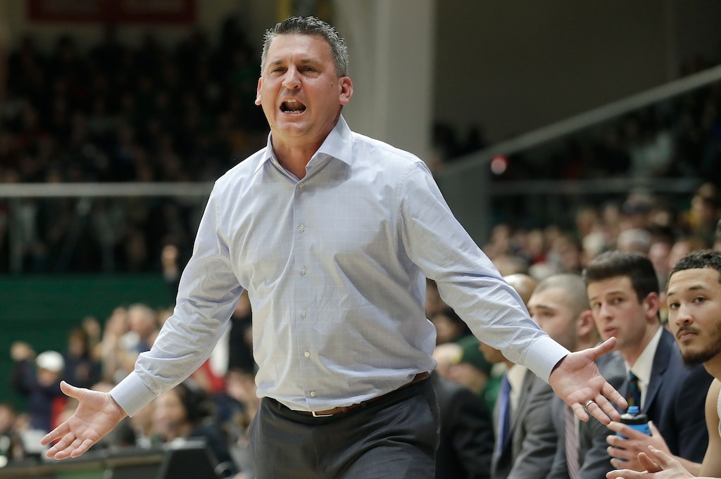 San Francisco head coach Kyle Smith reacts to an official's call during the first half of the team's NCAA college basketball game against Gonzaga in San Francisco, Saturday, Jan. 12, 2019. The Dons host BYU on Saturday having never beaten the Cougars in WCC play at War Memorial Gymnasium. (AP Photo/Jeff Chiu)