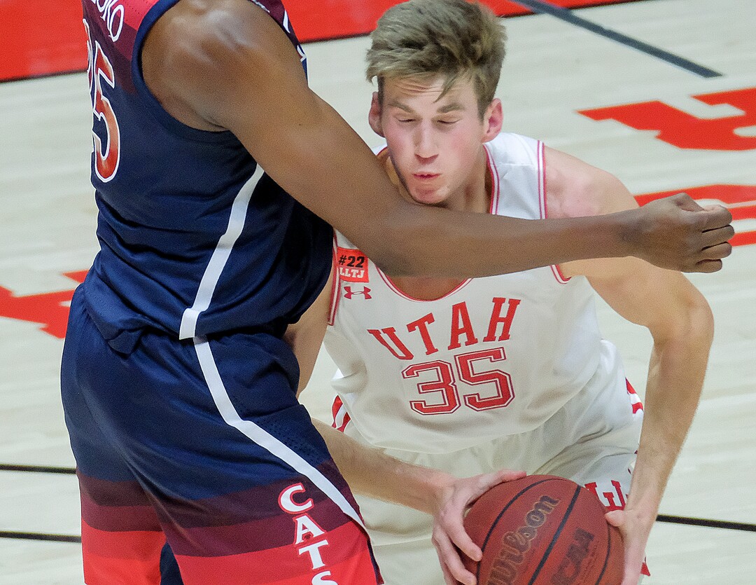 (Leah Hogsten | The Salt Lake Tribune) Utah Utes center Branden Carlson (35) had 10 points and 3 rebounds as the University of Utah host the Arizona Wildcats, Feb. 4, 2021 at the Jon M. Huntsman Arena.