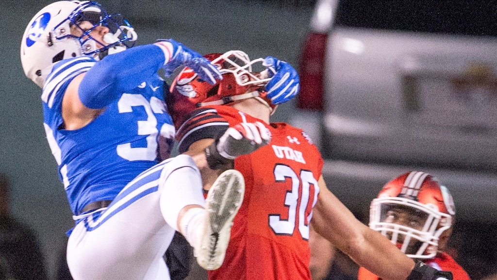 (Rick Egan  |  The Salt Lake Tribune)        Utah Utes linebacker Cody Barton (30) defends on a pass in ended for Brigham Young Cougars tight end Dallin Holker (32), in football action between the Brigham Young Cougars and the Utah Utes, at Rice-Eccles Stadium, Saturday, November 24, 2018.