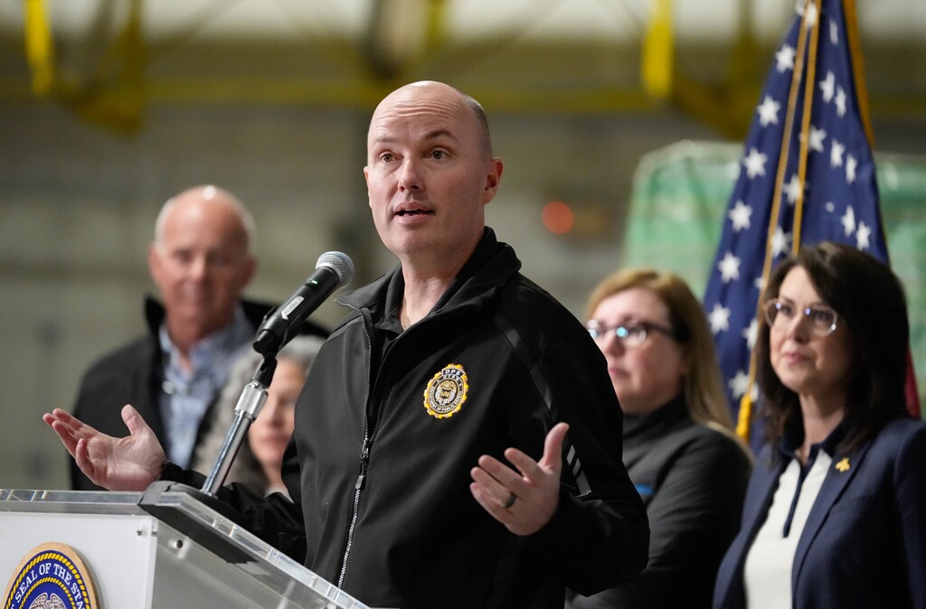 (Francisco Kjolseth | The Salt Lake Tribune) Gov. Spencer Cox is joined by officials from numerous state agencies during a news conference in Salt Lake City to give an update on flooding conditions and the monitoring taking place on Thursday, April 13, 2023. Five Utah counties have qualified for federal disaster relief.
