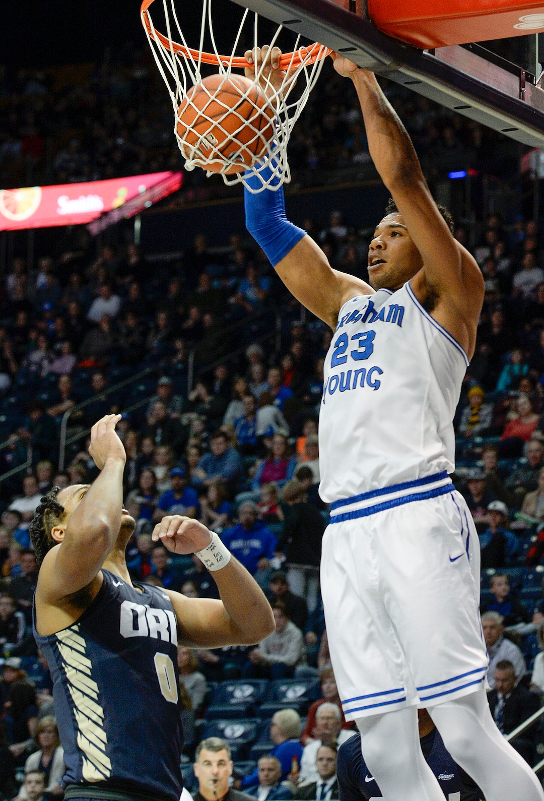 (Leah Hogsten  |  The Salt Lake Tribune) Brigham Young Cougars forward Yoeli Childs (23) had 10 points in the first half as Brigham Young University hosts Oral Roberts, Dec. 28, 2019 at the Marriott Center in Provo.