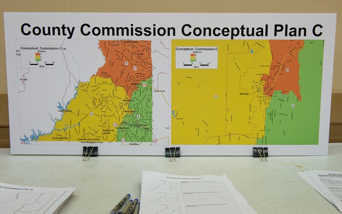 (Leah Hogsten  |  The Salt Lake Tribune)   San Juan County residents were presented with proposals of the newly redrawn county commission and school board districts during hearings in Monticello and Bluff, November 16, 2017. The redistricting proposals would redraw voting districts to ensure significant American Indian majorities in two of three County Commission districts and on four of five school board voting districts as the result of a January 2012 lawsuit filed in U.S. District Court by the Navajo Nation. The lawsuit seeks the redrawing of voting districts to reflect the 2010 U.S. Census. Last year, U. S. District Court Judge Robert Shelby ruled the voting districts in the sprawling southeastern Utah county, which today is home to 16,895 residents, are unconstitutional and violate the rights of American Indians. He ordered the county to redraw them.
