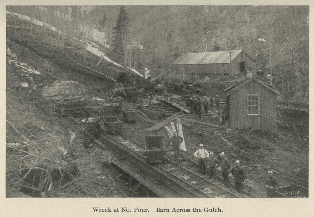 (J. Willard Marriott Library, University of Utah) Photo shows a train wreck associated with the Winter Quarters mine disaster at Schofield, Utah, May 1900.