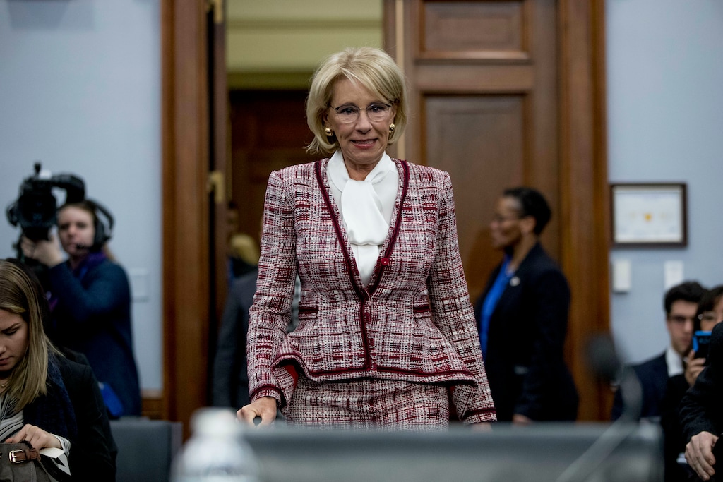 Education Secretary Betsy DeVos arrives for a House Appropriations subcommittee hearing on budget on Capitol Hill in Washington, Tuesday, March 26, 2019. DeVos became a target on social media after Democrats slammed her plan to remove funding for the Special Olympics as part of nearly $7 billion in budget cuts for next year. (AP Photo/Andrew Harnik)