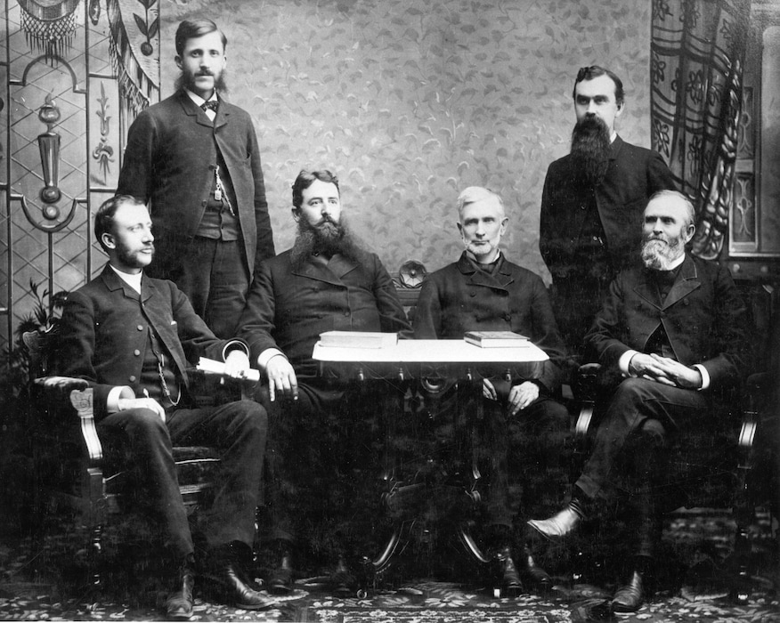 (Utah State Historical Society) Utah Territory federal officials in 1884. Left to right: Associate Justice Orlando Powers; U.S. Marshal Elwin Ireland; Gov. Eli Murray; Chief Justice Charles Zane; U.S. Attorney William Dickson; and Associate Justice Jacob Boremen.