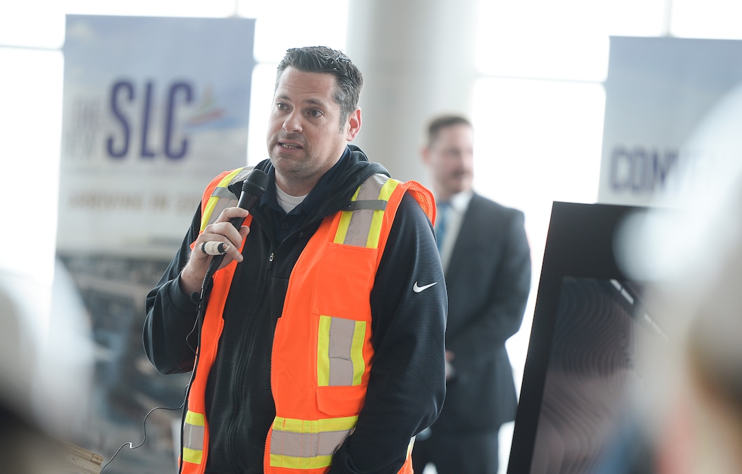(Francisco Kjolseth  |  The Salt Lake Tribune)  Todd Smith, Chief Marketing Officer for Cafe Rio, joins the press announcement within the large Terminal Plaza at Salt Lake City International Airport where food concessionaires were announced for the first phase of the new expanded airport on Wed. Feb. 20, 2019. 