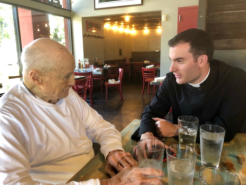 (Michael Patrick O'Brien | Special to The Tribune)
Utah monk Father Alan Hohl, left, who has since died, speaks at lunch with Brother (now Father) Basil Louis Franciose.
