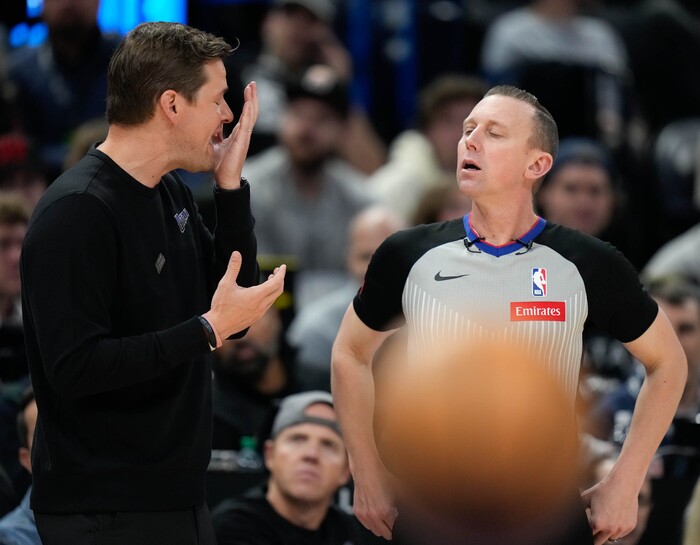 (Francisco Kjolseth  |  The Salt Lake Tribune) Utah Jazz coach Will Hardy argues a call with referee Justin Van Duyne (64) during an NBA basketball game against the Dallas Mavericks Monday, March 25, 2024, in Salt Lake City.