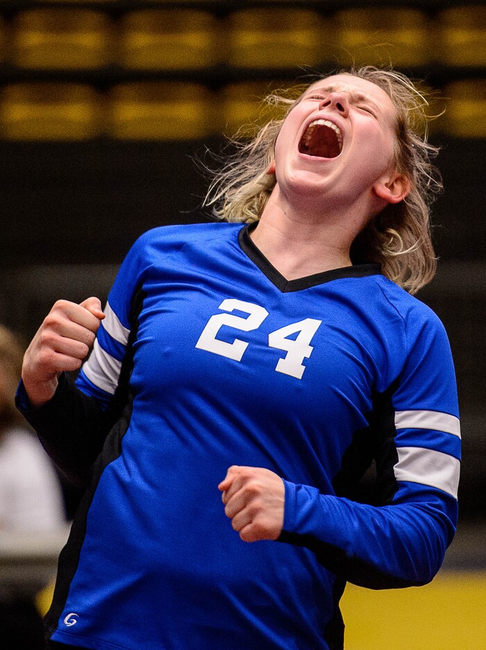 (Trent Nelson | The Salt Lake Tribune) Panguitch's Abbey Blevins celebrates a point as Panguitch defeats Rich in the 1A State Volleyball Championship game in Orem, Saturday October 28, 2017.
