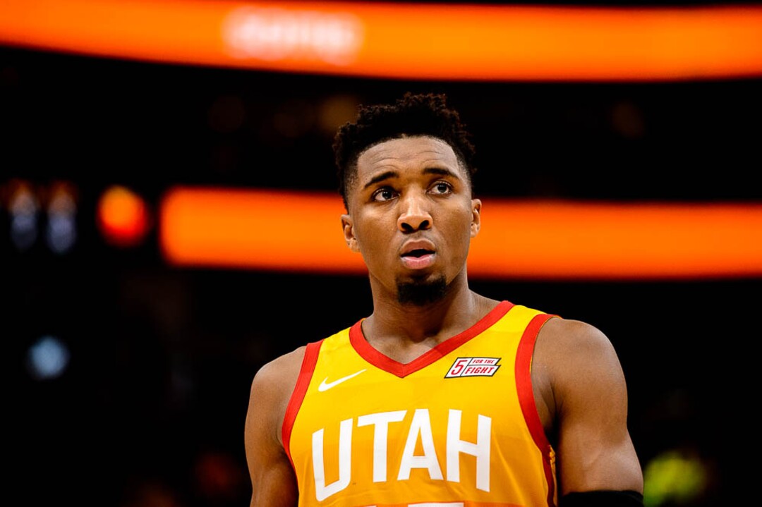 (Trent Nelson | The Salt Lake Tribune)  Utah Jazz guard Donovan Mitchell (45). Utah Jazz vs. Boston Celtics, NBA basketball in Salt Lake City on Friday Nov. 9, 2018.