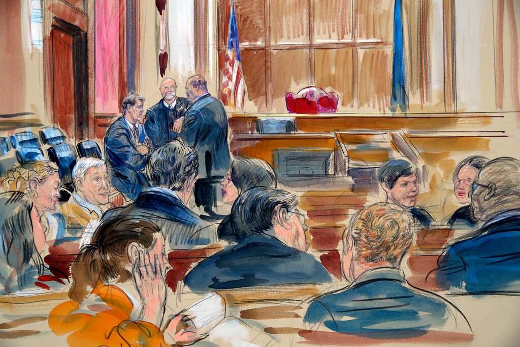 (Dana Verkouteren | The Associated Press) This courtroom sketch shows spectators waiting the the courtroom as the jury continues to deliberate in the bank fraud and tax evasion trial of Paul Manafort behind the closed door, at back left, in the courtroom of U.S. District court Judge T.S. Ellis III at federal court in Alexandria, Va., Monday, Aug. 20, 2018.