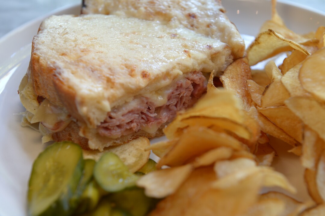 (Leah Hogsten  |  The Salt Lake Tribune) White Horse Spirits and Kitchen's Croque Monsieur with Kurobuta ham, gruyere and mornay, $10.