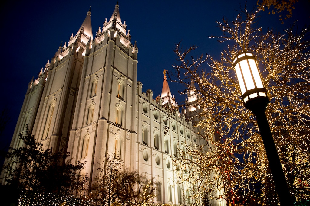 Jeremy Harmon  |  The Salt Lake Tribune) The Salt Lake Temple is seen surrounded by Christmas lights on Friday, Nov. 24, 2017.