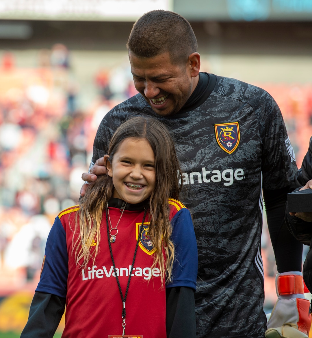 (Rick Egan  |  The Salt Lake Tribune)      Real Salt Lake goalkeeper Nick Rimando (18) waves to the crowds as he stands with his kids Benny and Jet Rimando for his last game Real Salt Lake, between Real Salt Lake and Houston Dynamo, at Rio Tinto Stadium, Sunday, Sept. 29, 2019.