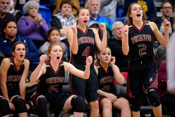 (Trent Nelson | The Salt Lake Tribune)  Viewmont players react to a score as East faces Viewmont in the 5A High School Girls' Basketball Tournament at SLCC in Taylorsville, Wednesday Feb. 21, 2018.